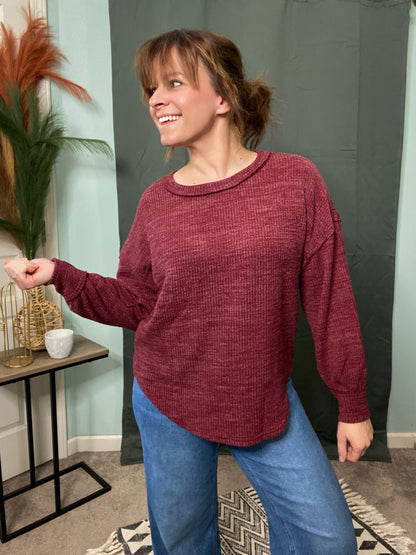 Camden Drop Shoulder Long Sleeve Knit Top in Merlot