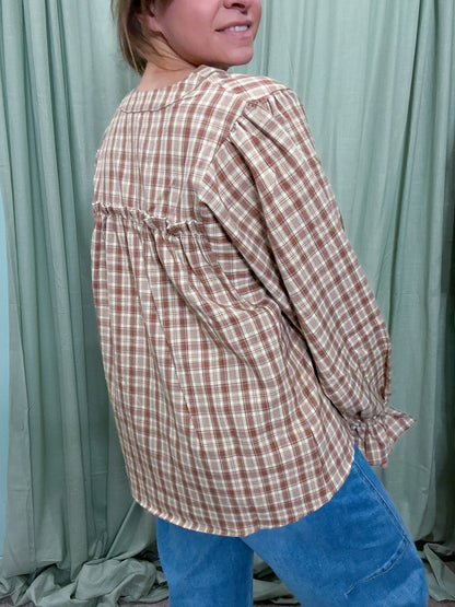 Gather  Notched Neck Plaid Check Woven Blouse
