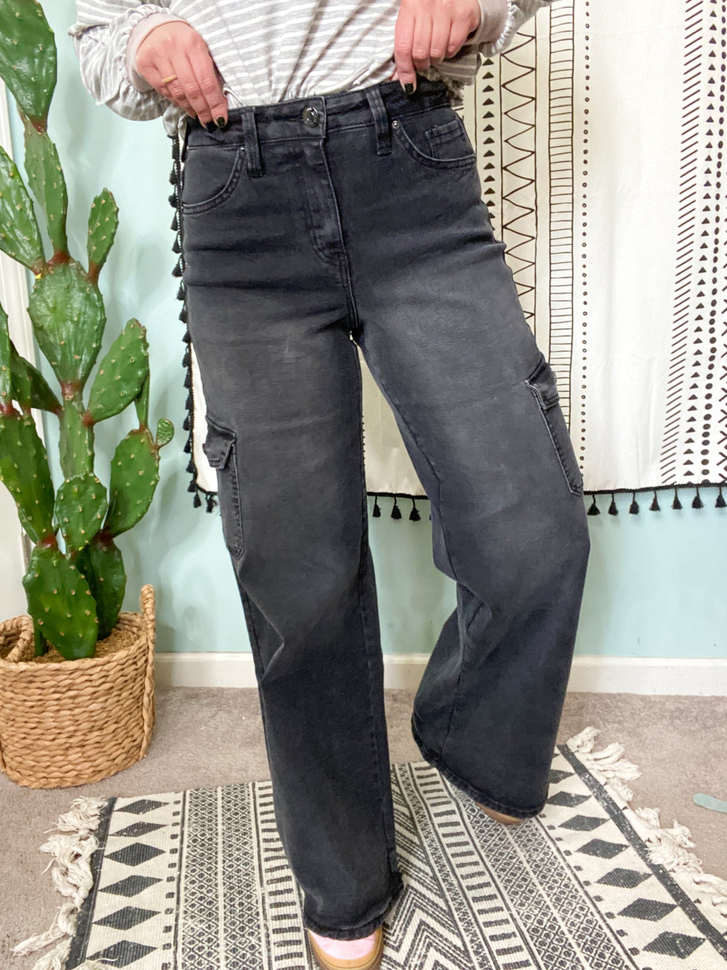 Sabrina High Waist Wide Leg Black Washed Cargo Jeans