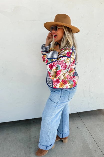 Mae Floral & Stripe Quilted Open Jacket