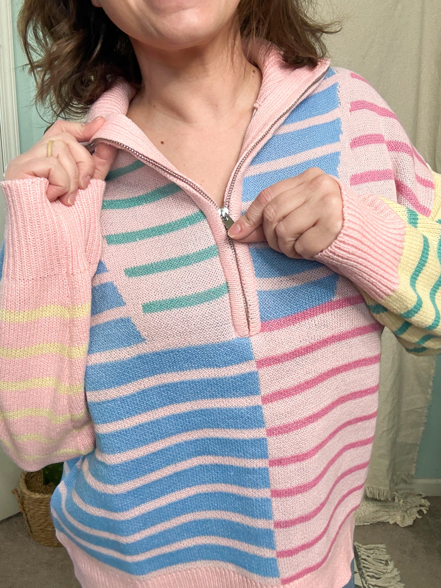 Elle Multi Color Stripe Half Zip Oversize Knit Sweater