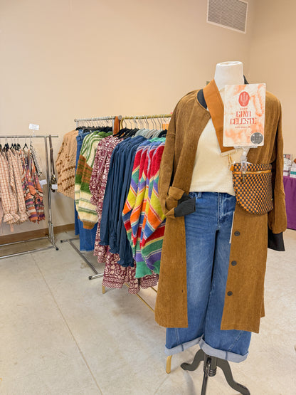 Chicago Corduroy Button Up Long Coat with Contrast Collar