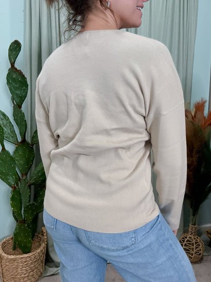 Oat Milk V Neck Front Seam Sweater