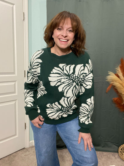 Merida Cotton Floral Knit Sweater in Hunter Green