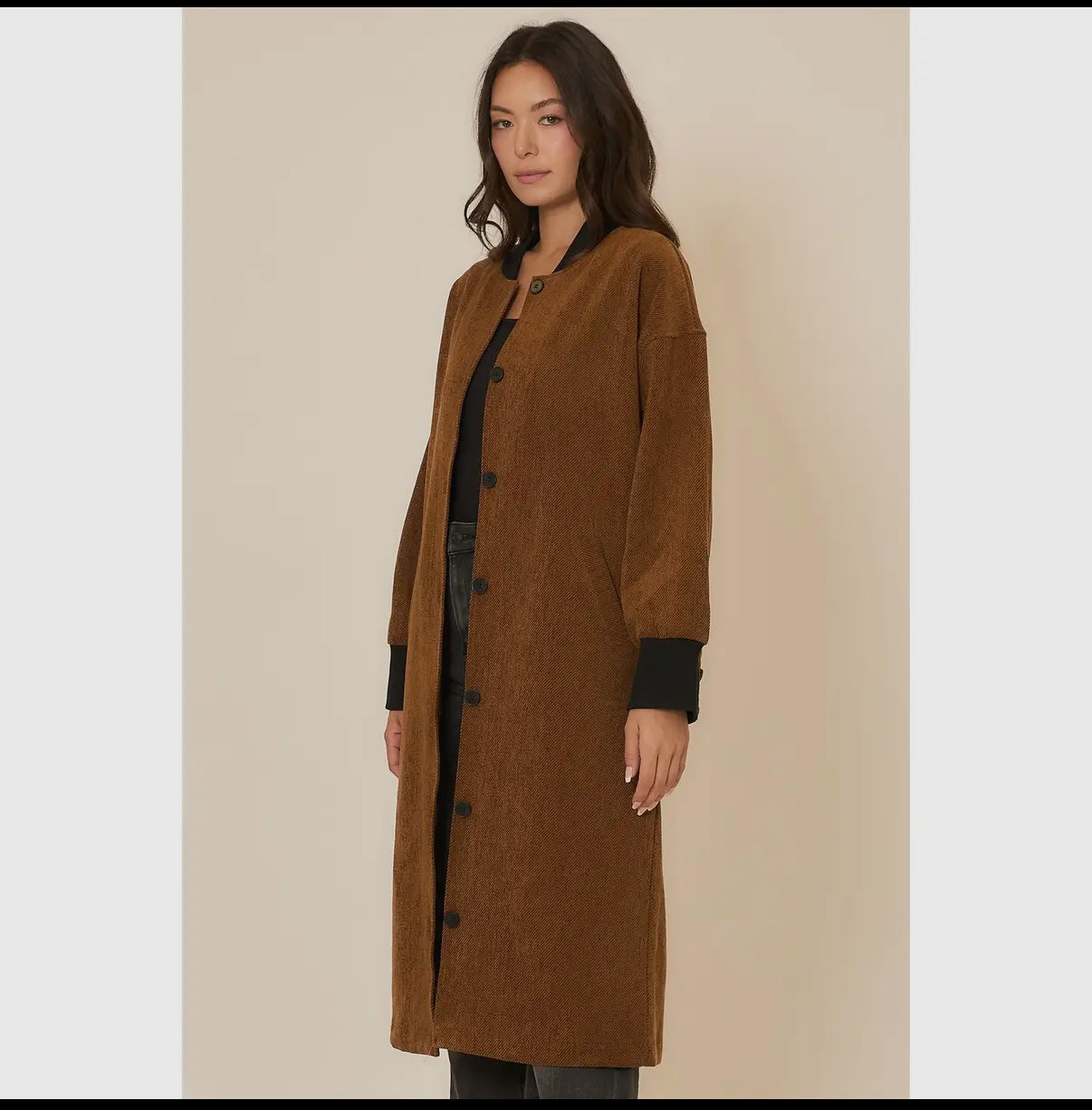Chicago Corduroy Button Up Long Coat with Contrast Collar