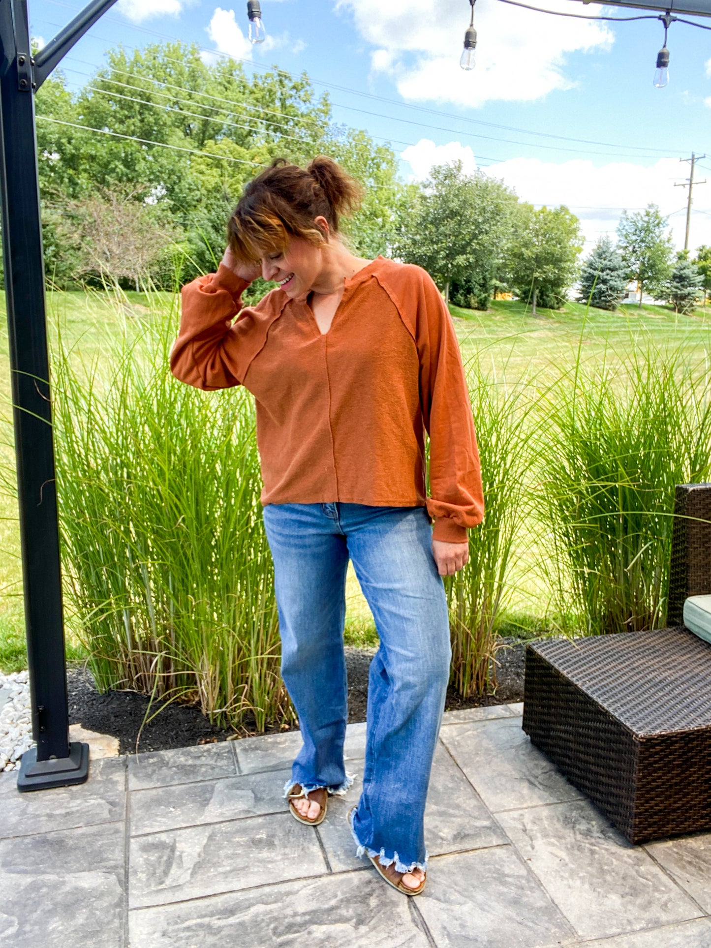 Dakota Exposed Seam Relaxed Fit Long Sleeve Top in Rust