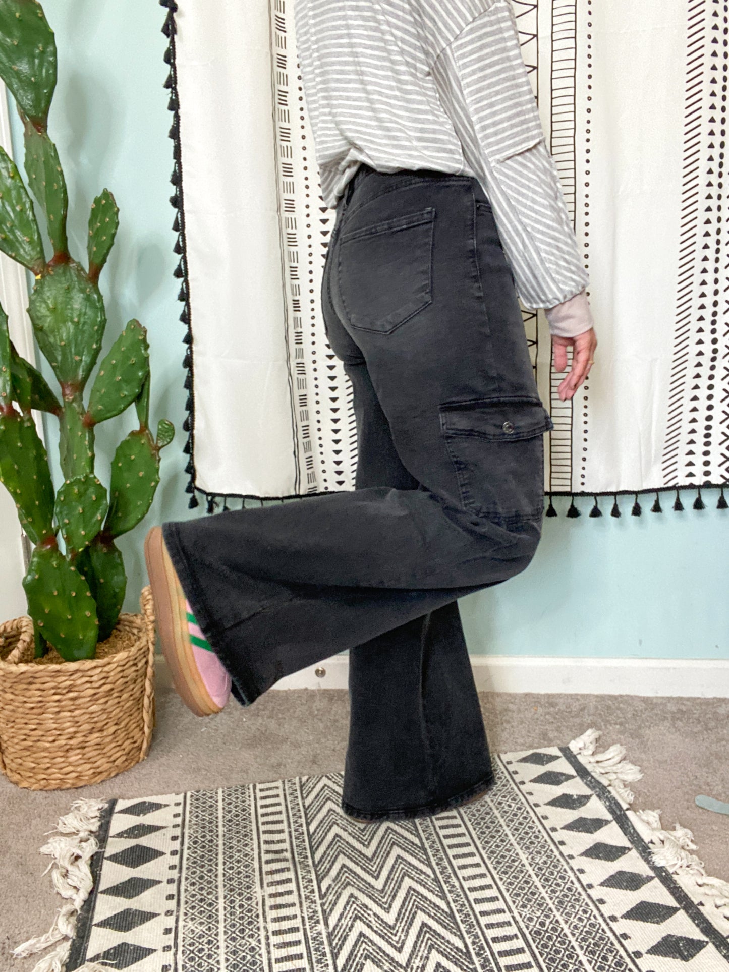 Sabrina High Waist Wide Leg Black Washed Cargo Jeans