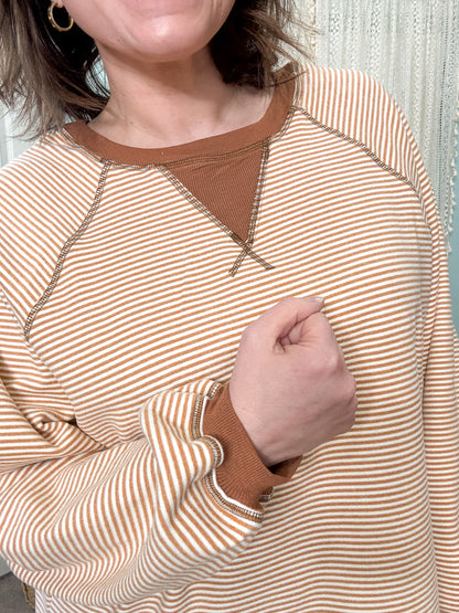 Carmel Latte Striped Brush Knit Oversized Pullover Shirt