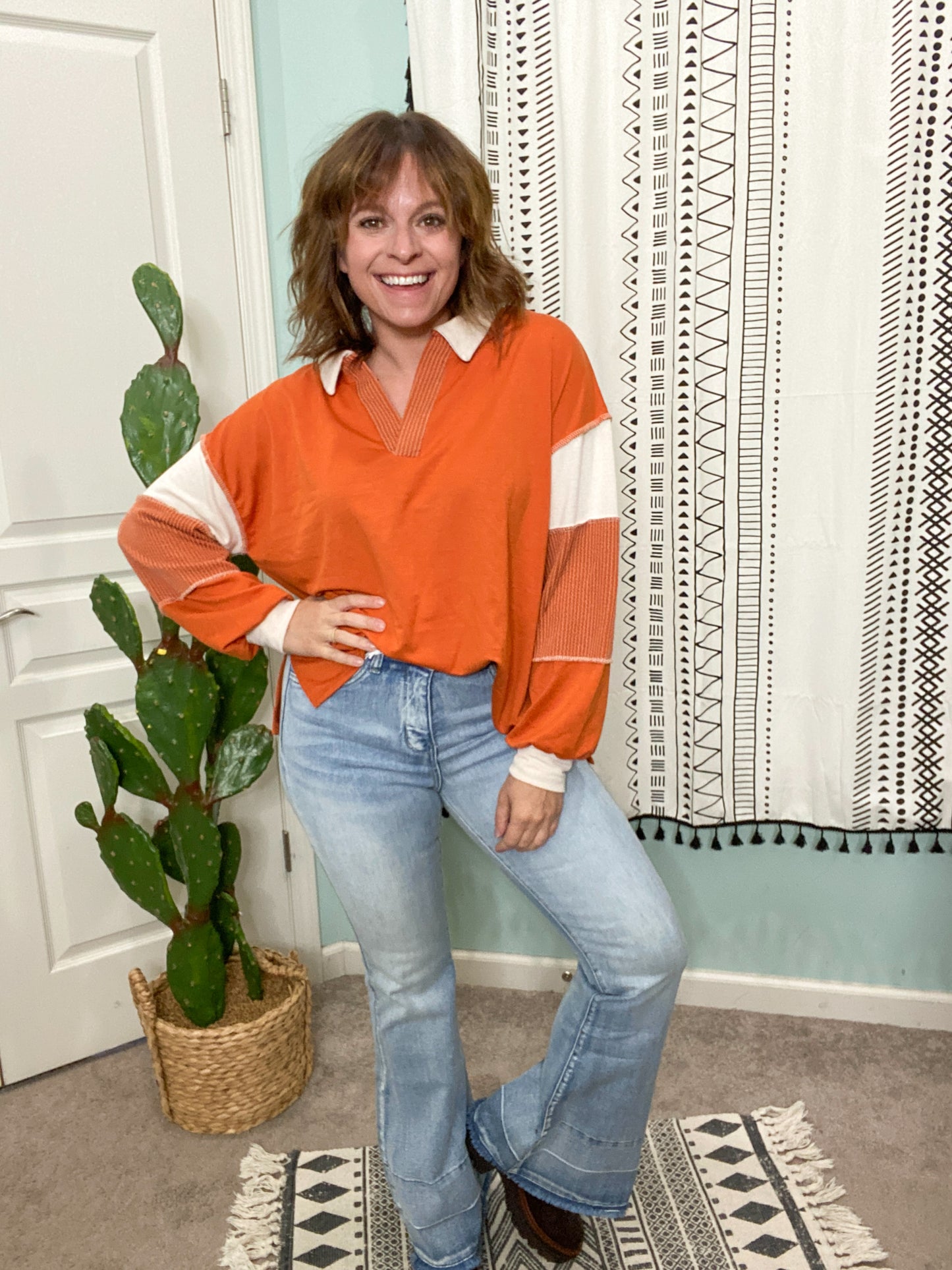 Ivy League Oversized Collar Top in Rust