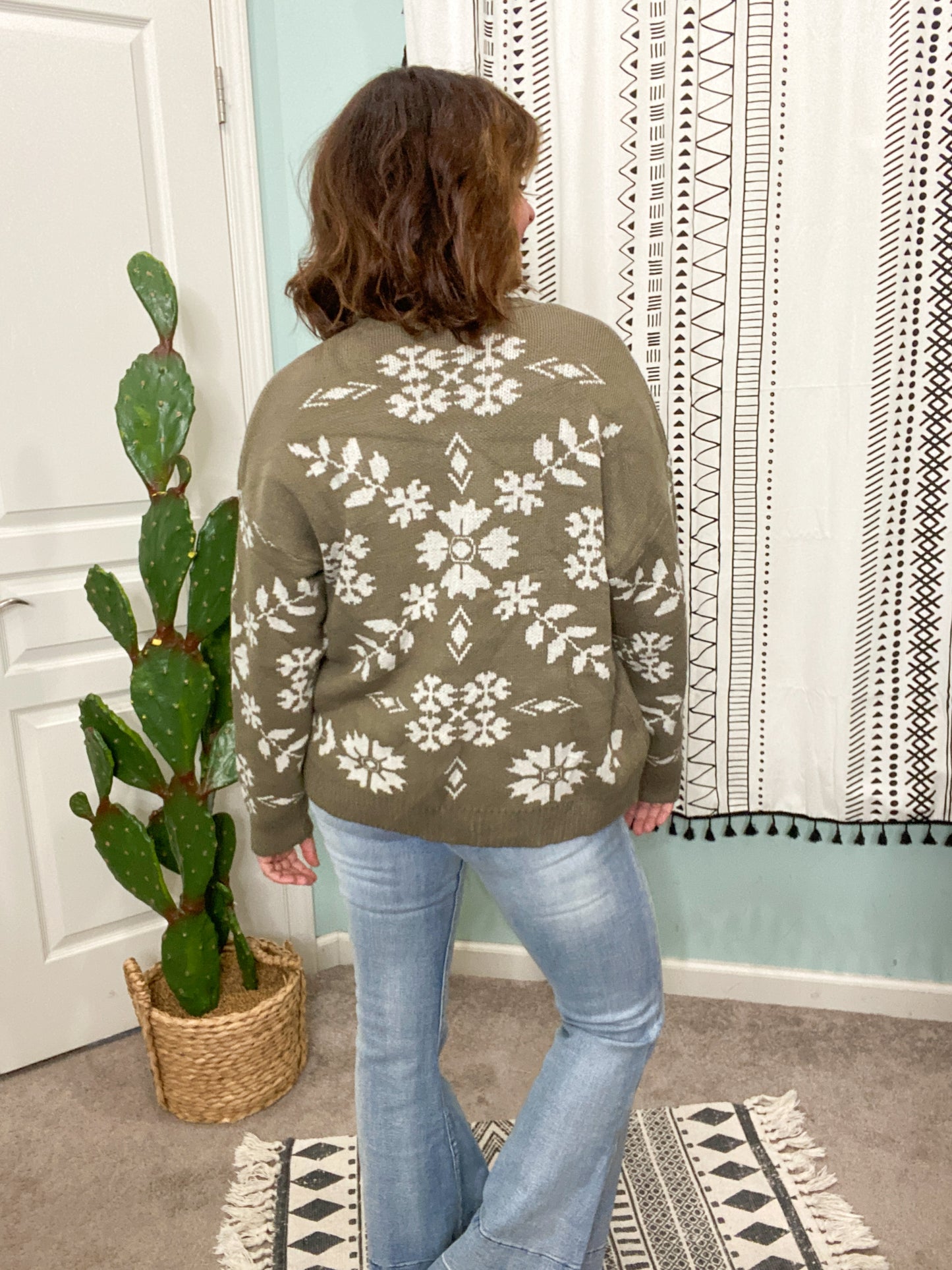 Ana Olive Floral Woven Sweater