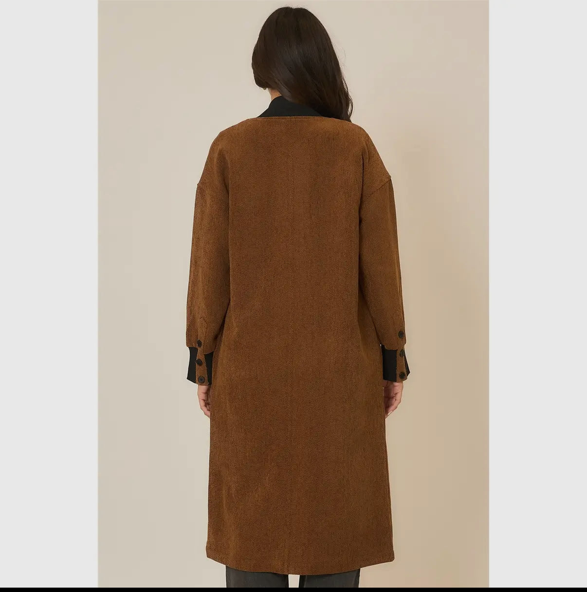 Chicago Corduroy Button Up Long Coat with Contrast Collar