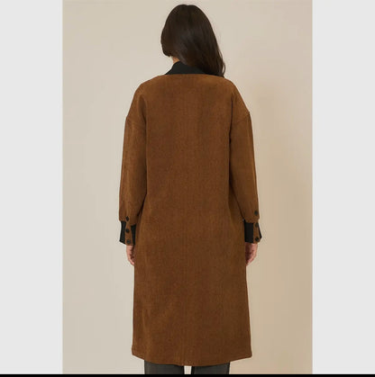 Chicago Corduroy Button Up Long Coat with Contrast Collar
