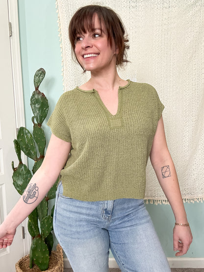 Green Goddess Olive Split Neck Short Sleeve Sweater