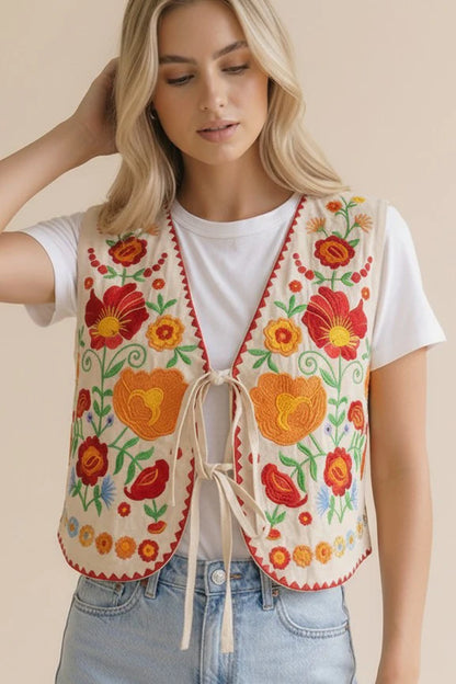 Spring Fling 100% Cotton Floral Embroidered Tie Vest