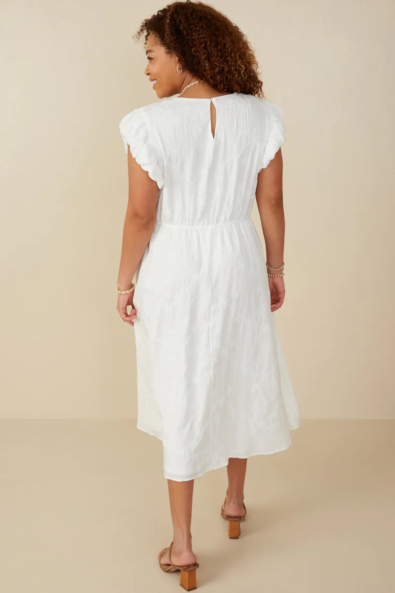 Hamptons White Flocked Floral Bubble Sleeve Midi Dress