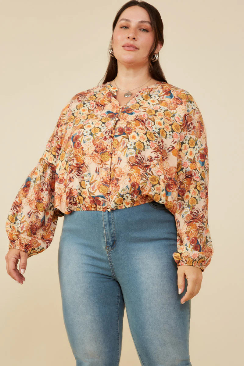 Fruity Florals Printed Button Up Bubble Hem Blouse