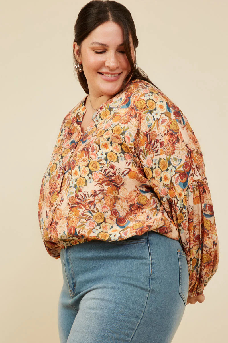 Fruity Florals Printed Button Up Bubble Hem Blouse