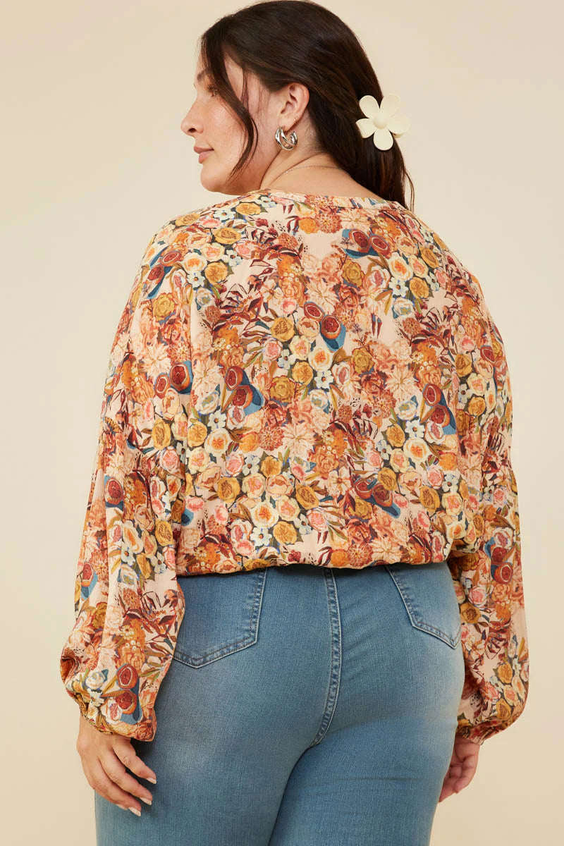 Fruity Florals Printed Button Up Bubble Hem Blouse