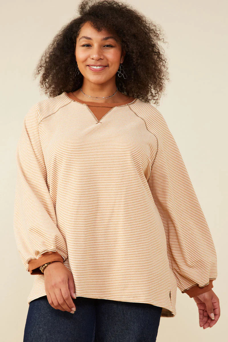 Carmel Latte Striped Brush Knit Oversized Pullover Shirt