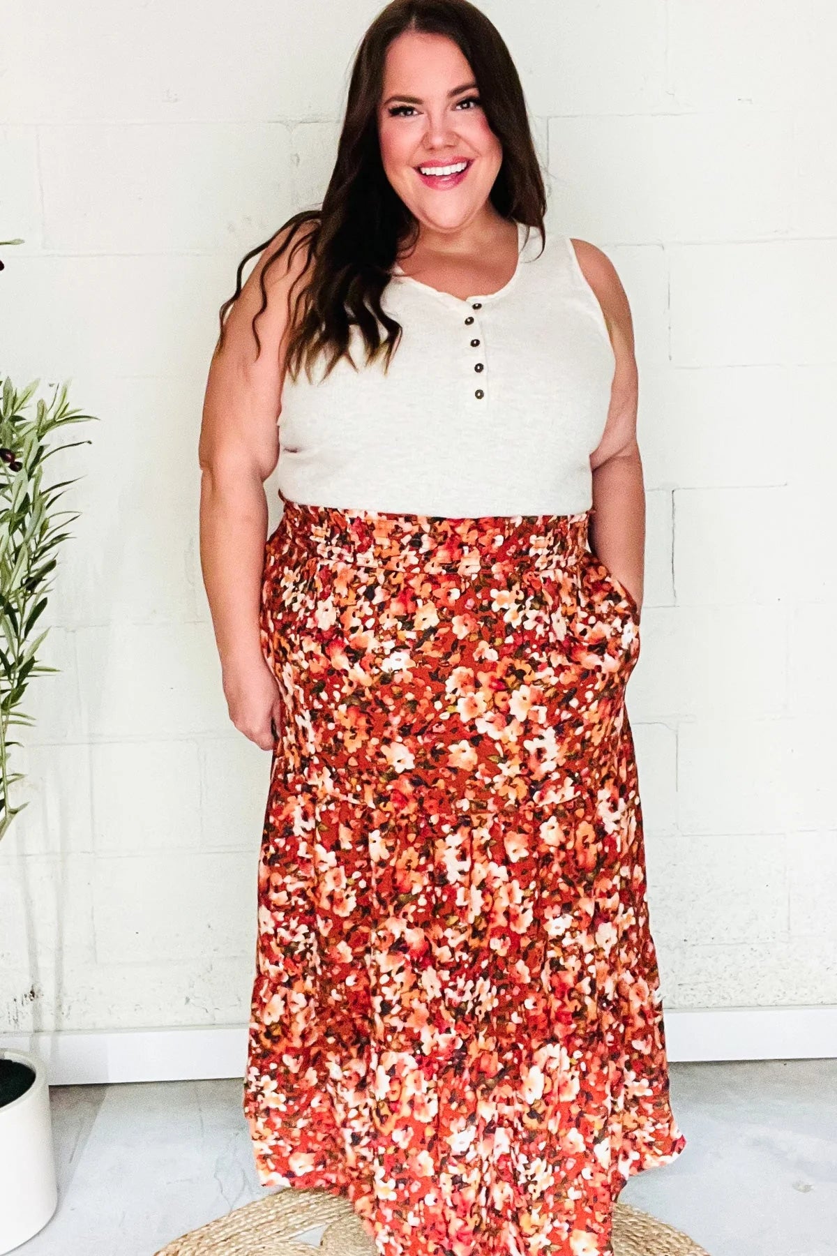 Mums the Word Rust Floral Tiered Midi Skirt