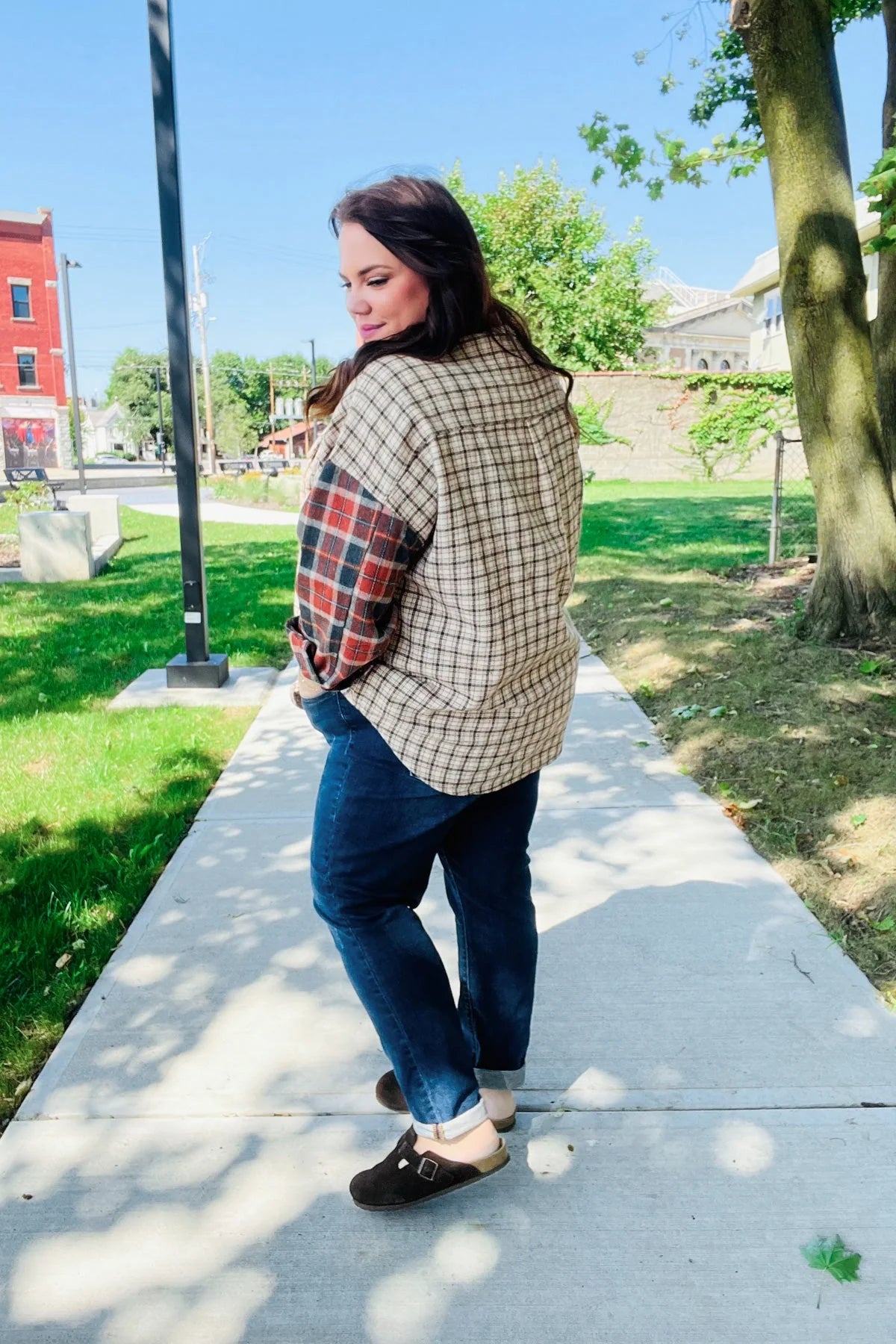 Back Home Rust & Taupe Brushed Plaid Relaxed Shirt Jacket