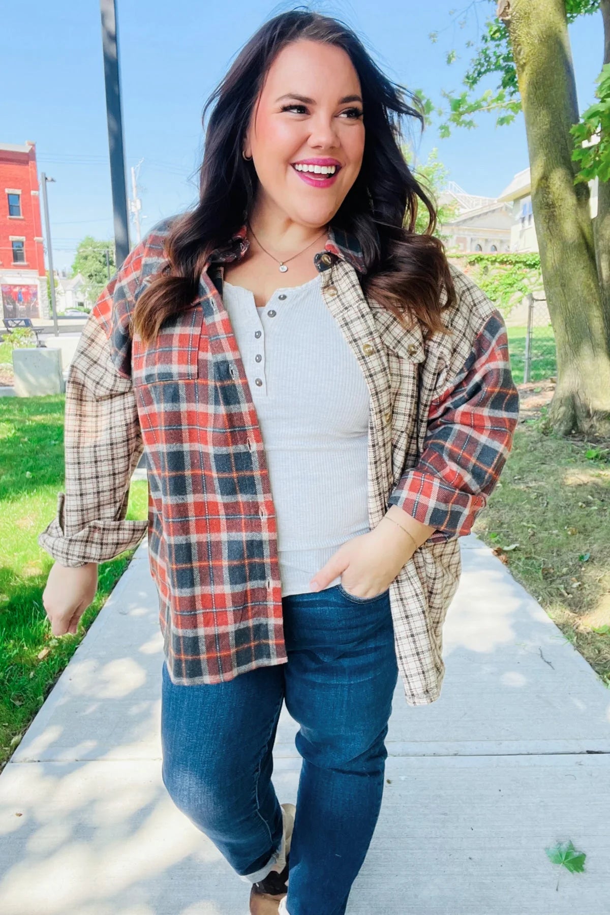 Back Home Rust & Taupe Brushed Plaid Relaxed Shirt Jacket