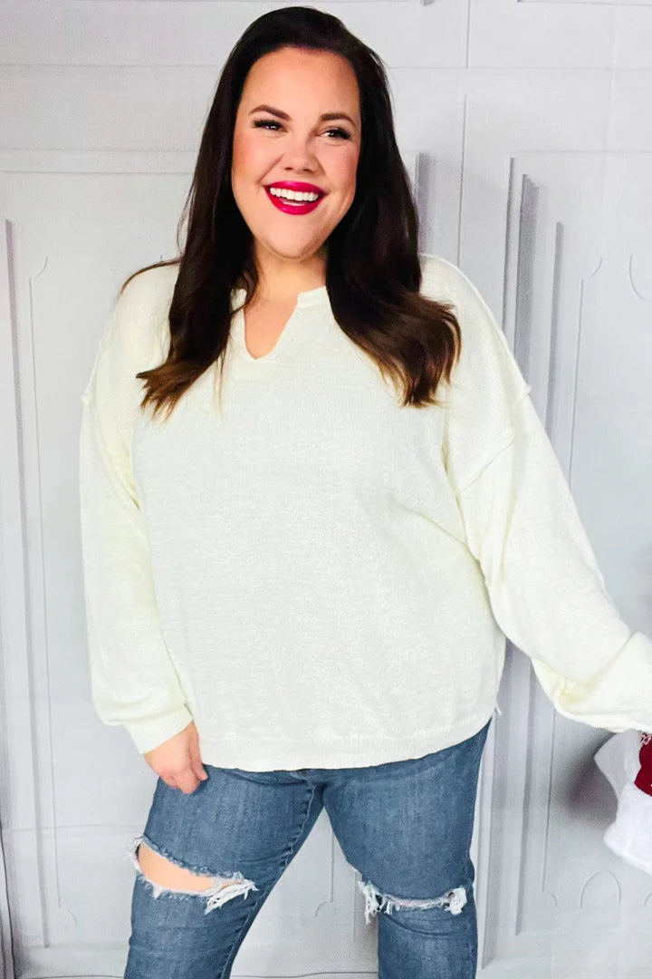 North Mountain Notched Neck Ivory Knit Sweater