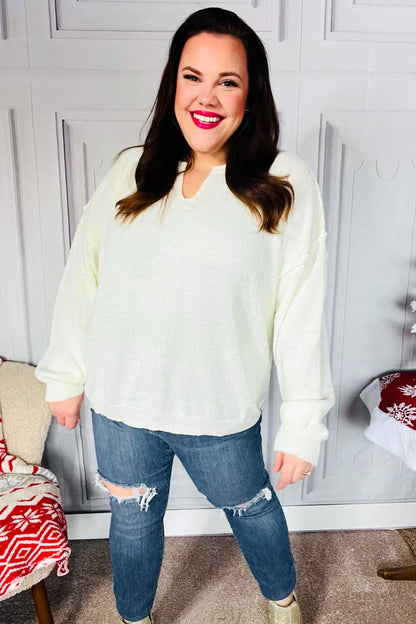 North Mountain Notched Neck Ivory Knit Sweater