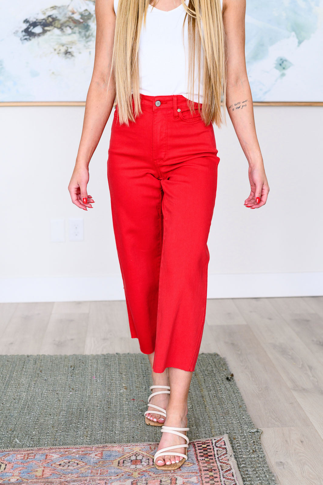 Judy Blue Lisa High Rise Tummy Control Top Wide Leg Crop Jeans in Red