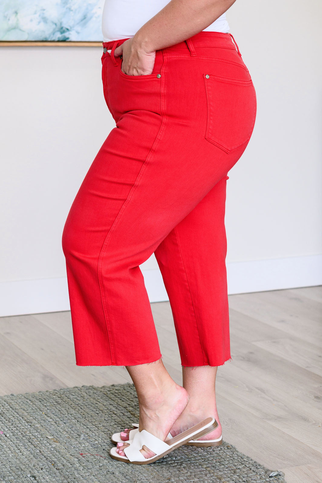Judy Blue Lisa High Rise Tummy Control Top Wide Leg Crop Jeans in Red