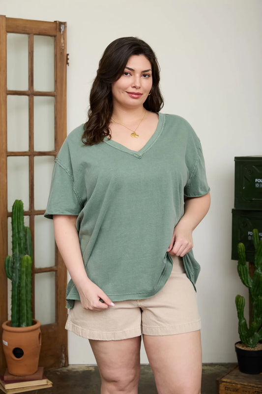 Relaxed V Neck 100% Cotton Mineral Wash Tee