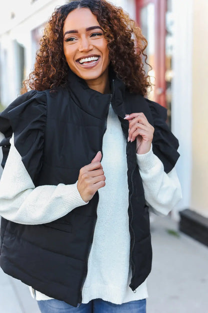 Vermont Black Zip Up Ruffled Sleeve Puff Vest