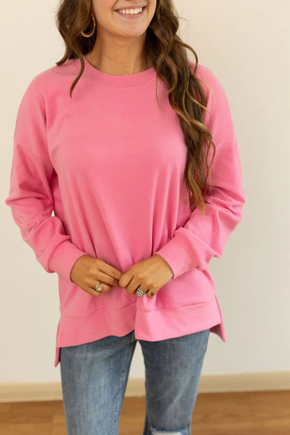Pink Cozy Microfleece Pullover Crew Sweatshirt