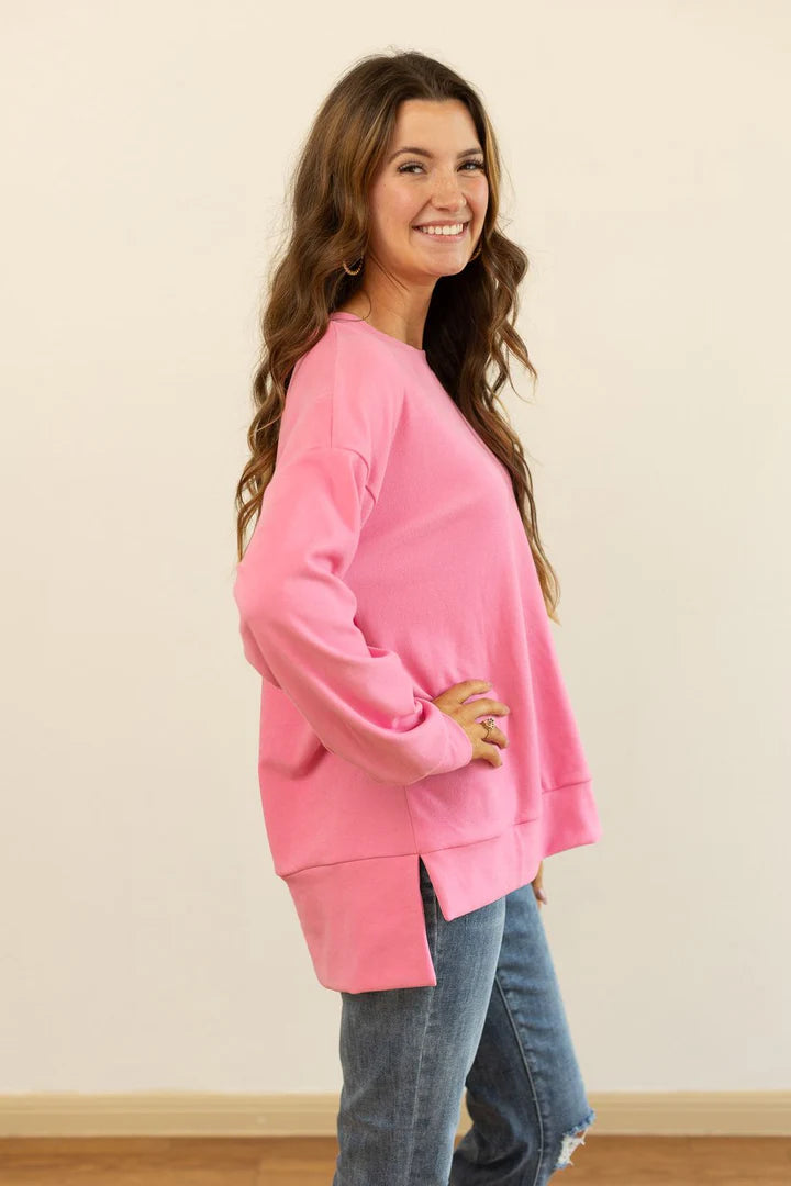 Pink Cozy Microfleece Pullover Crew Sweatshirt