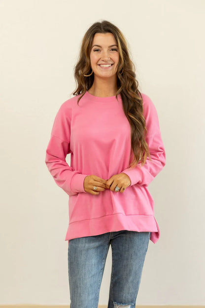 Pink Cozy Microfleece Pullover Crew Sweatshirt