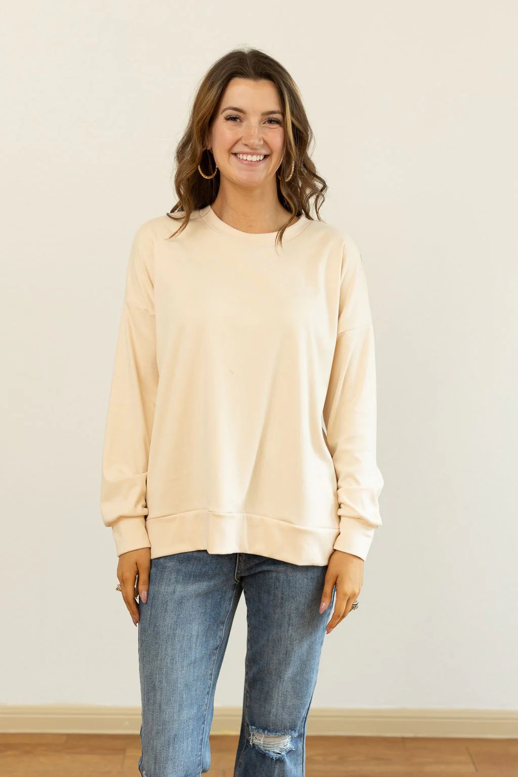 Vanilla Cozy Microfleece Pullover Crew Sweatshirt