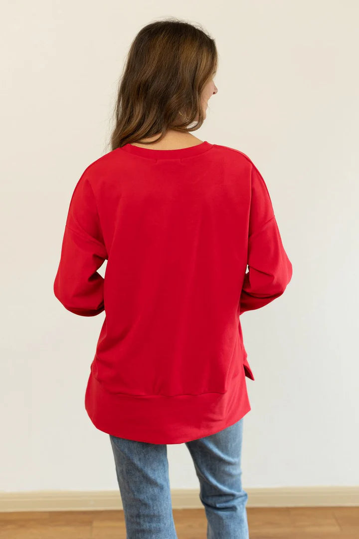 Red Cozy Microfleece Pullover Crew Sweatshirt