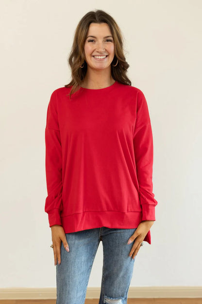 Red Cozy Microfleece Pullover Crew Sweatshirt