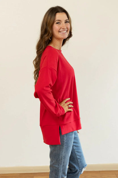 Red Cozy Microfleece Pullover Crew Sweatshirt