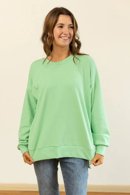 Green Cozy Microfleece Pullover Crew Sweatshirt