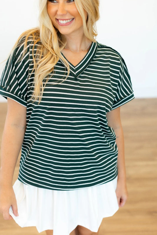 Lucy Stripe V Neck Tee in Green