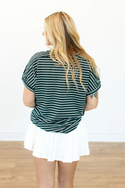 Lucy Stripe V Neck Tee in Green