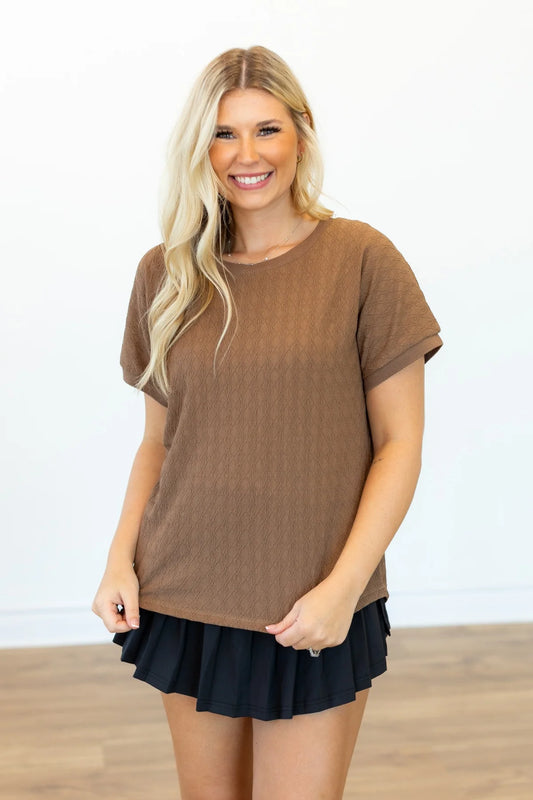 Shaken Espresso Textured Fabric Crew Neck Top in Brown