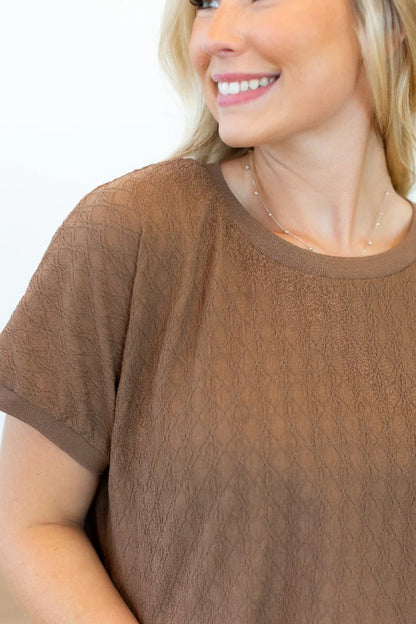Shaken Espresso Textured Fabric Crew Neck Top in Brown