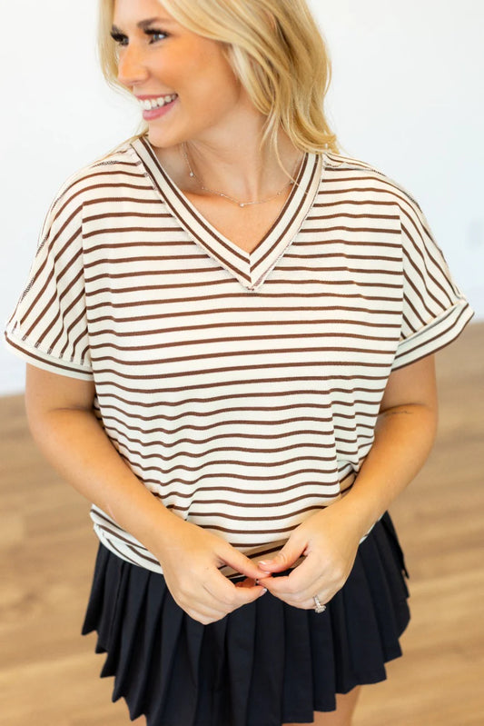 Lucy Stripe V Neck Tee in Brown
