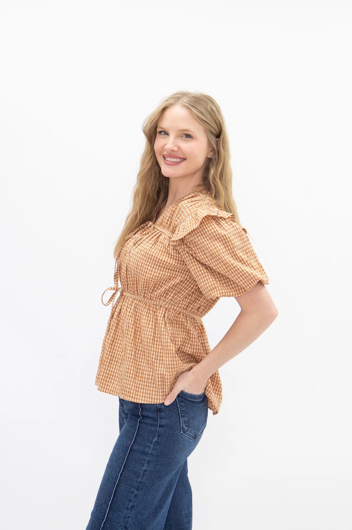Spice Girl 100% Cotton Brown Gingham Tie Front Blouse