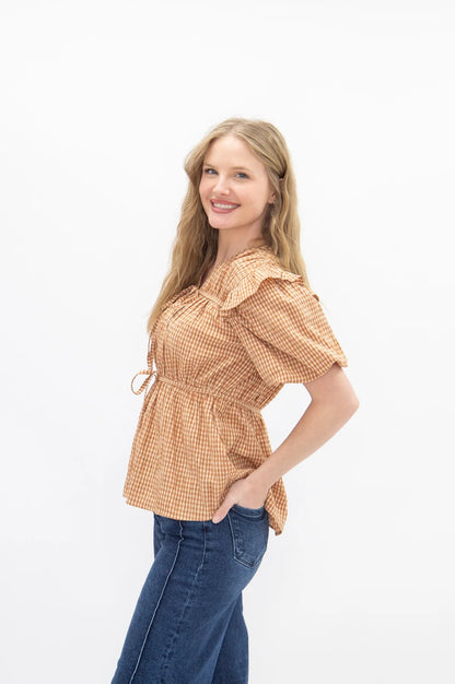 Spice Girl 100% Cotton Brown Gingham Tie Front Blouse