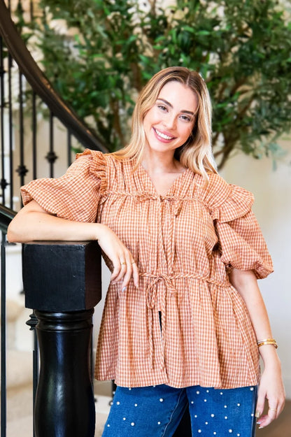 Spice Girl 100% Cotton Brown Gingham Tie Front Blouse