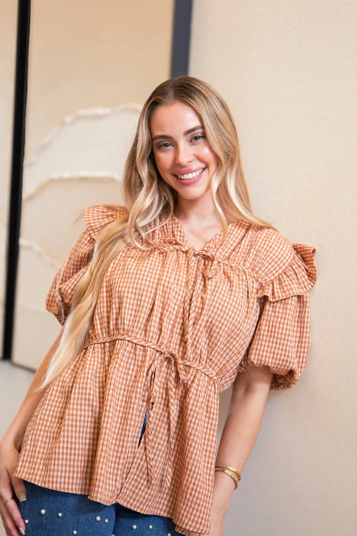 Spice Girl 100% Cotton Brown Gingham Tie Front Blouse