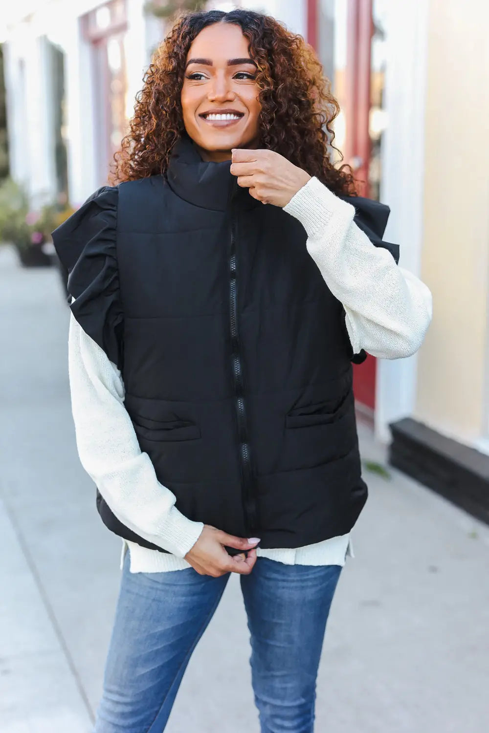 Vermont Black Zip Up Ruffled Sleeve Puff Vest